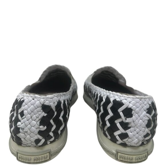 Rare Miu Miu Black & White Woven Leather Metal Cap Toe Slip On Sneakers Size 9 - Picture 9 of 14